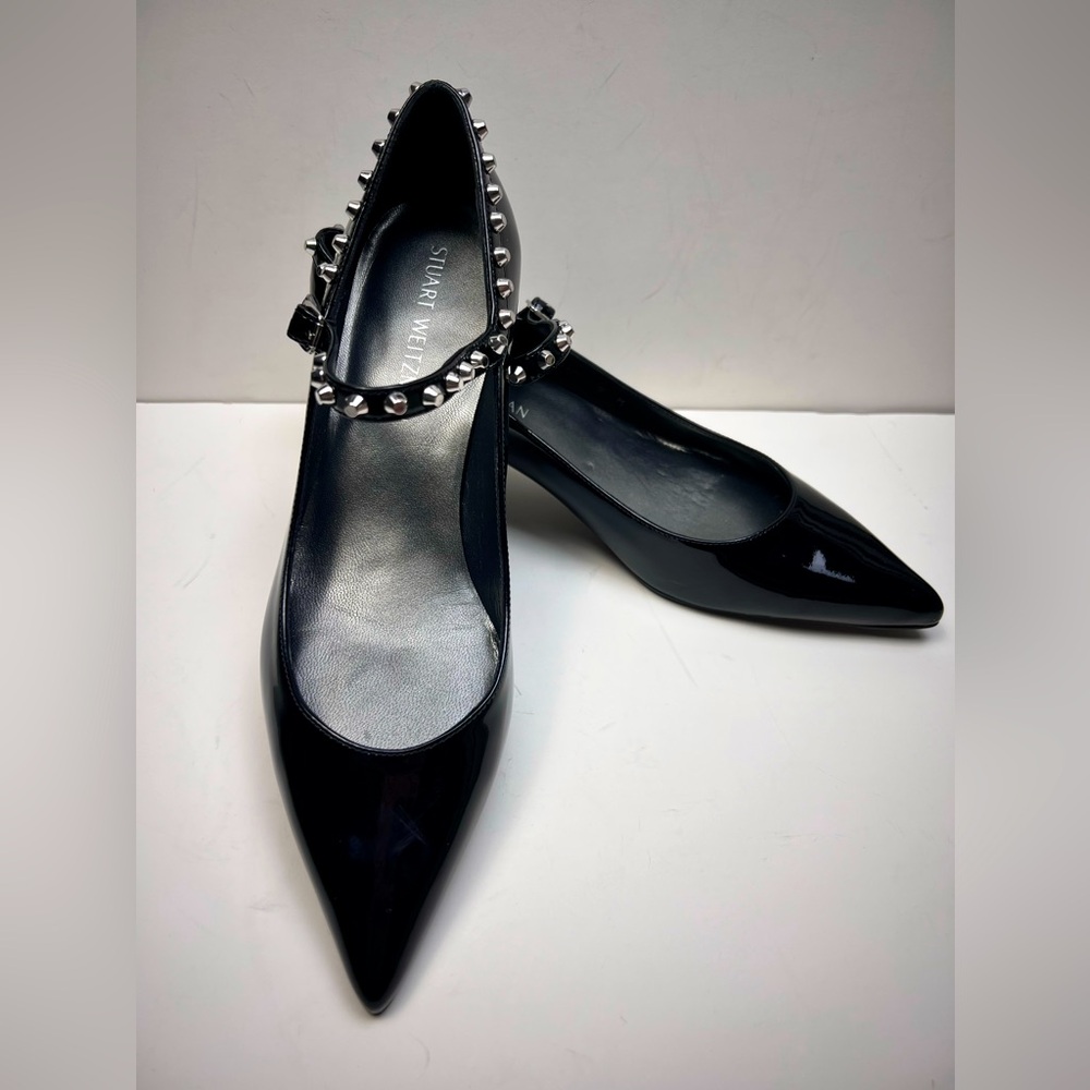 STUART WEITZMAN Patent Black Leather Mary Jane Kitten Heels, Silver Studs, Sz 9